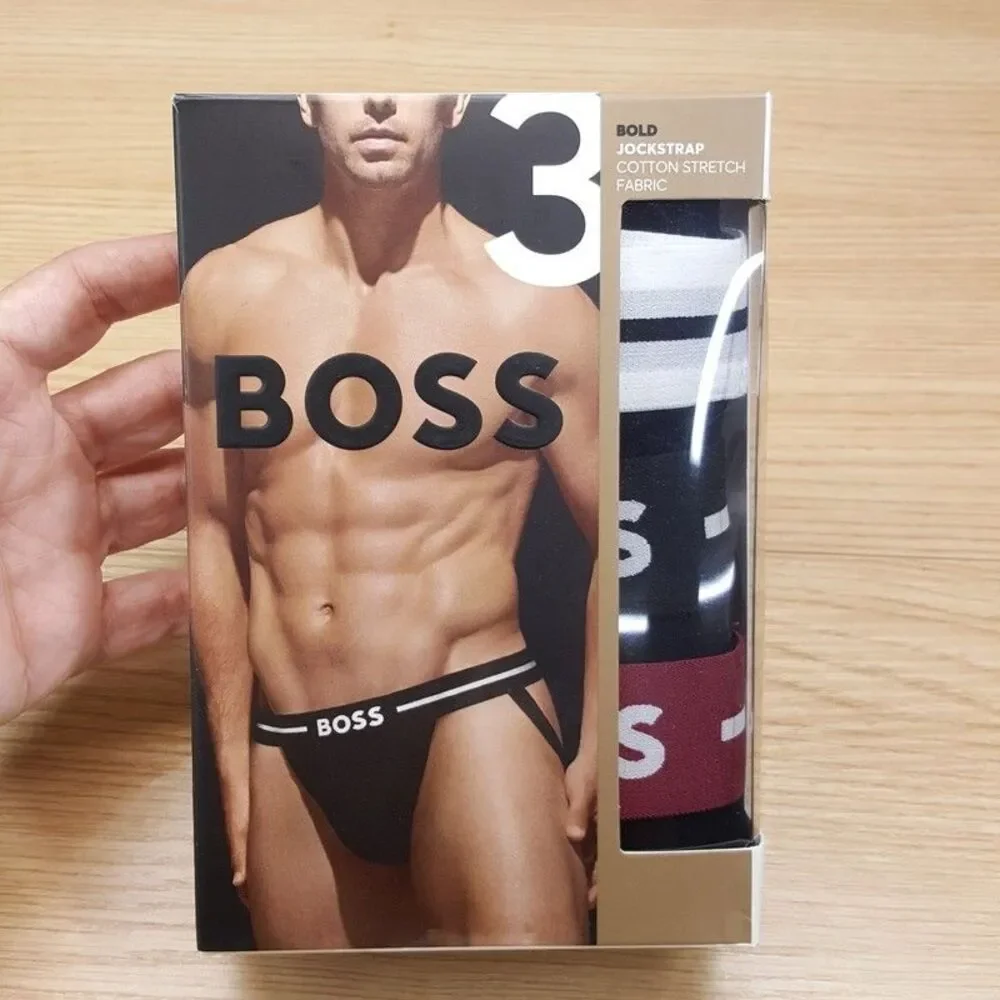 HUGO BOSS Jock Strap Mens Medium Black 3-Pack Cotton Blend Logo Jockstrap